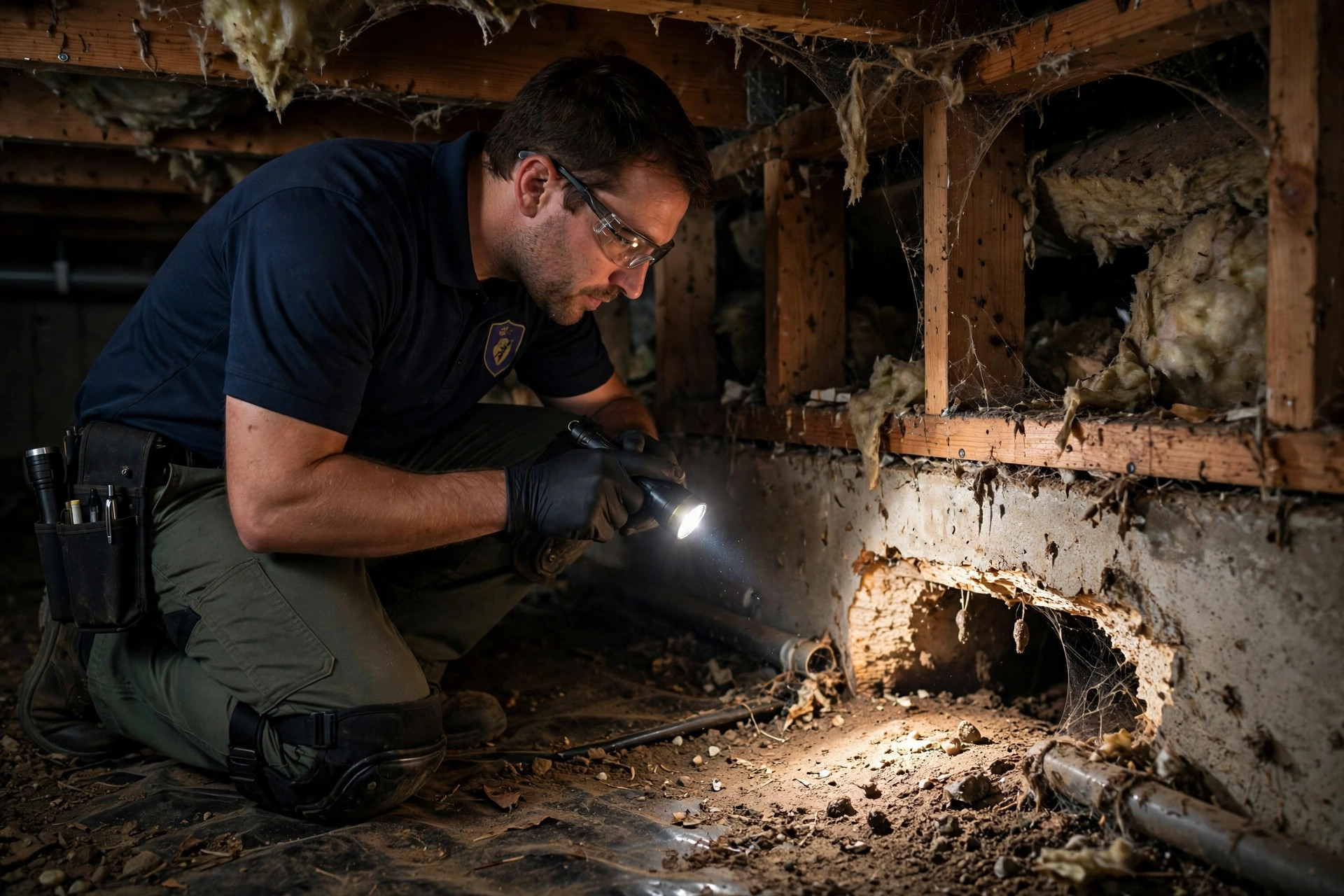 Technician with flashlight inspecting a crawl space for rodents