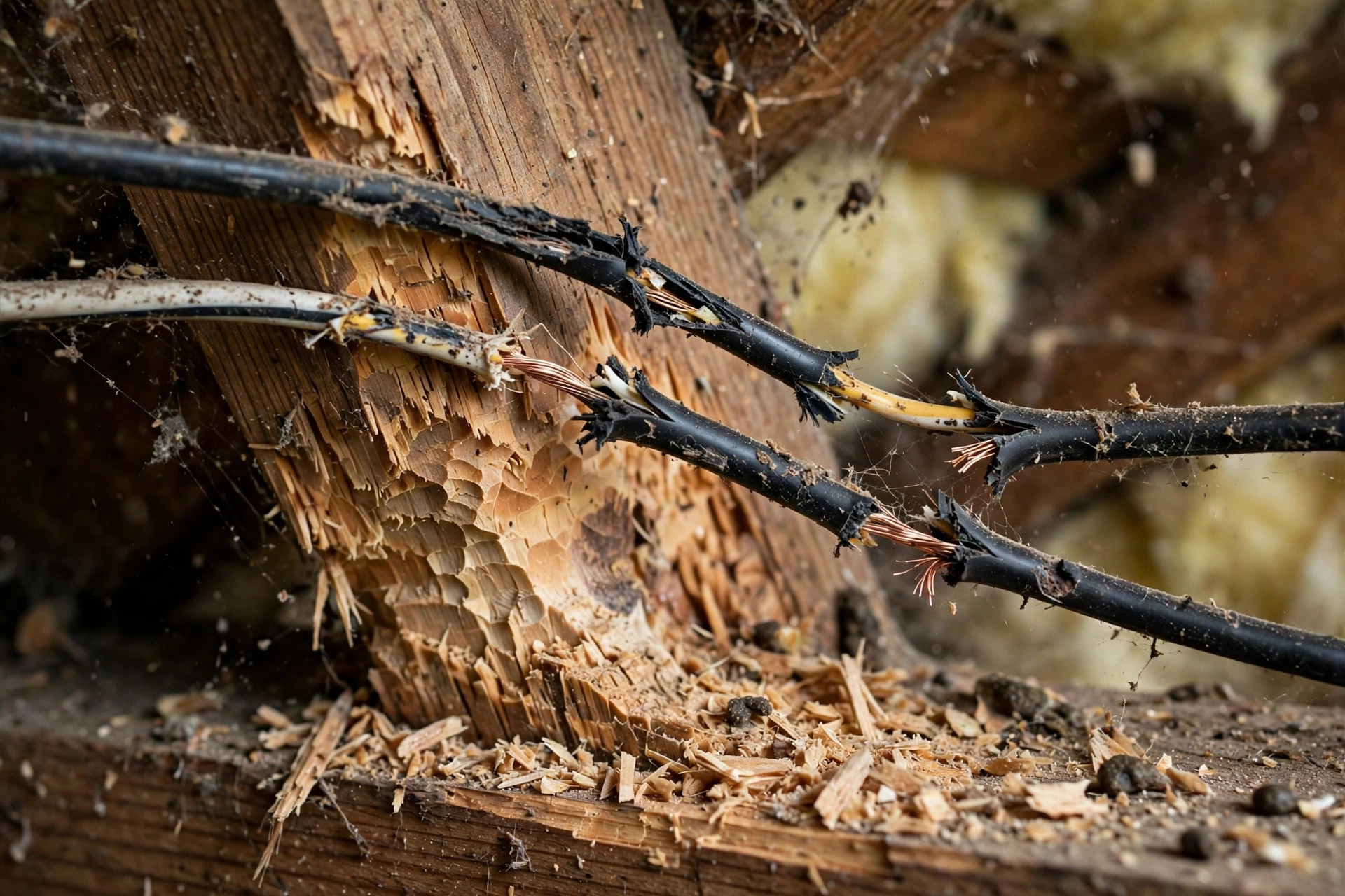 Close-up of electrical wires damaged by rat gnawing