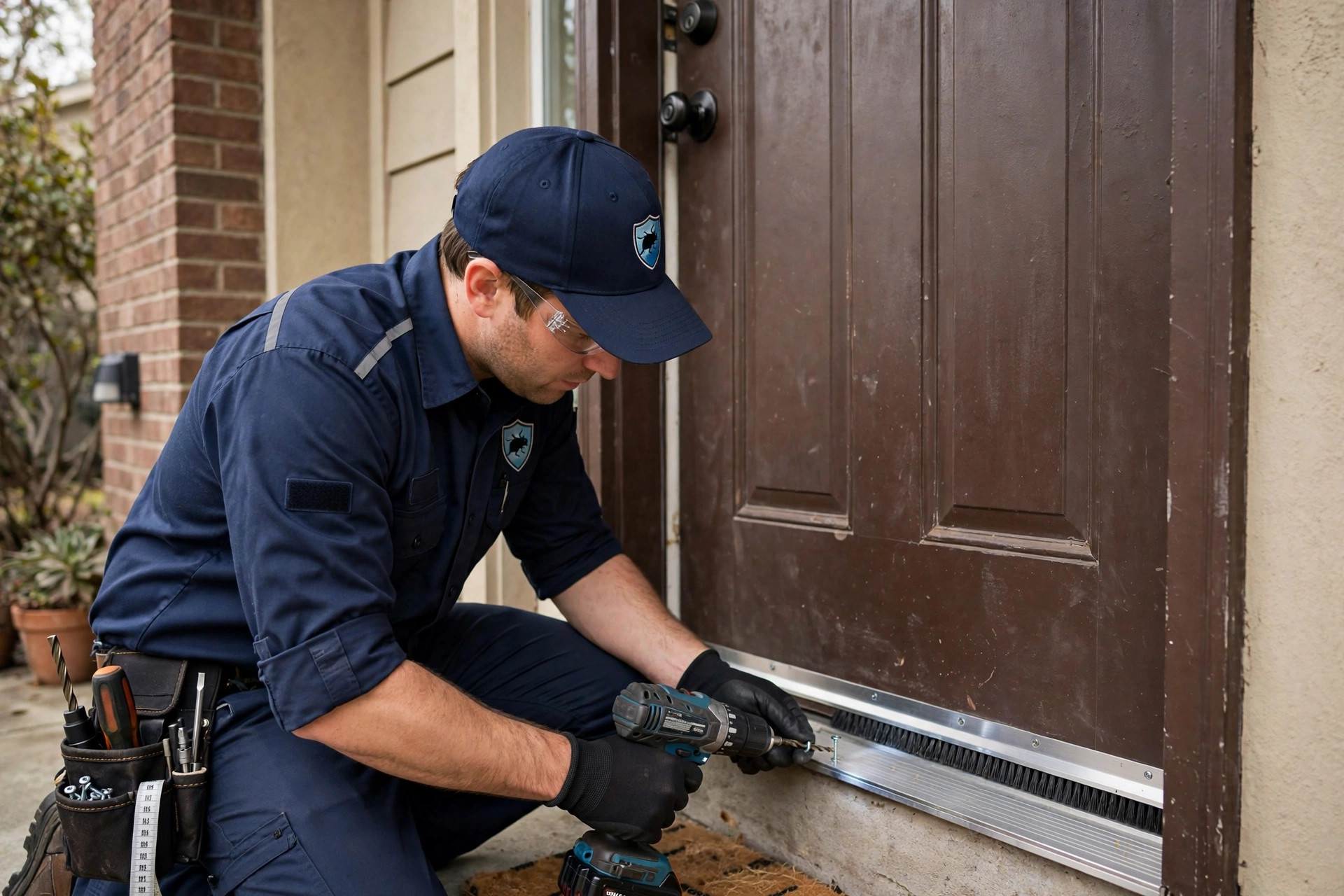 Technician installing a metal door sweep to block mice