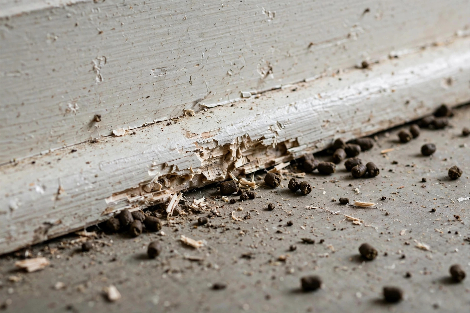 Mouse droppings and gnaw marks found during inspection