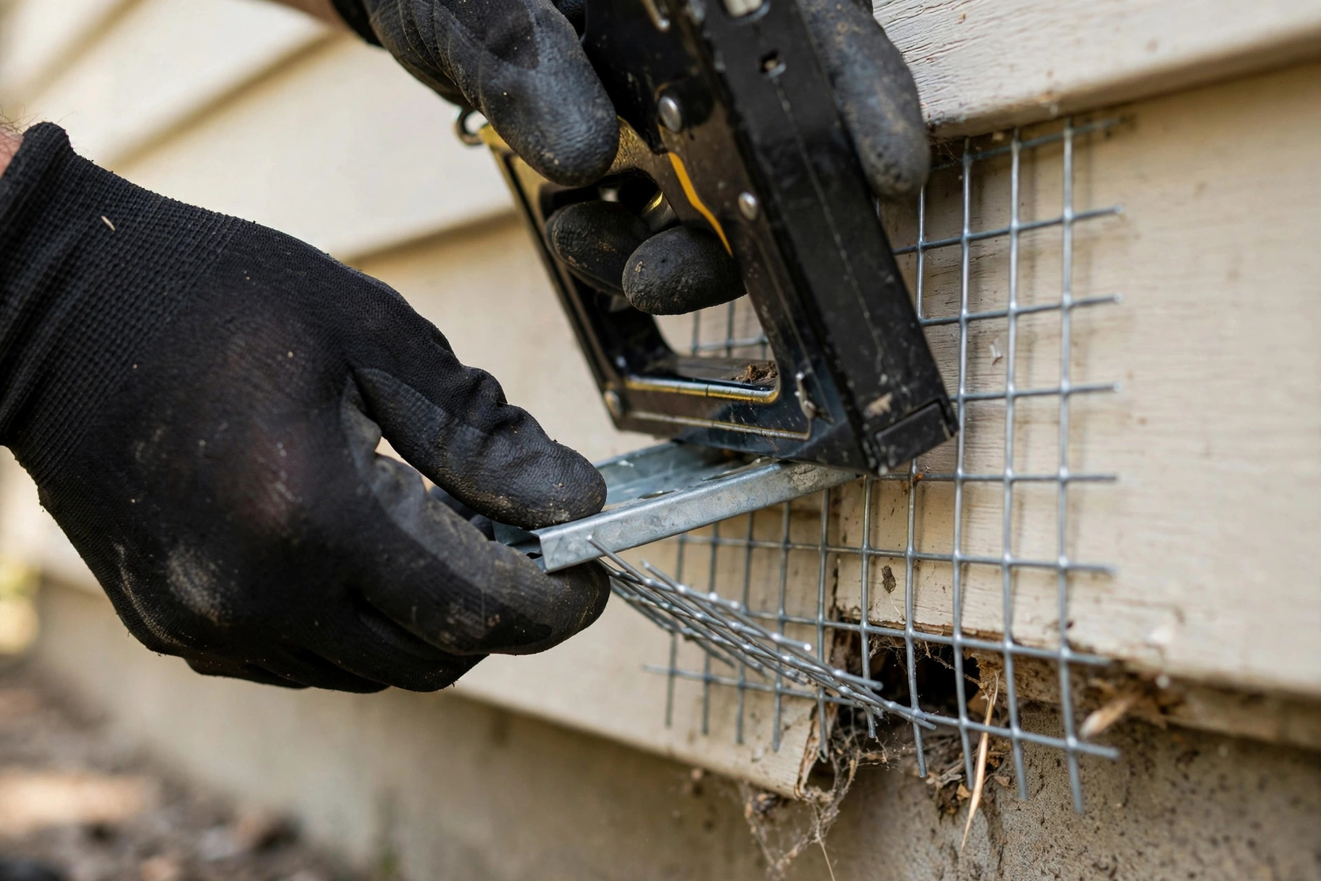 Sealing a rodent entry point with steel mesh