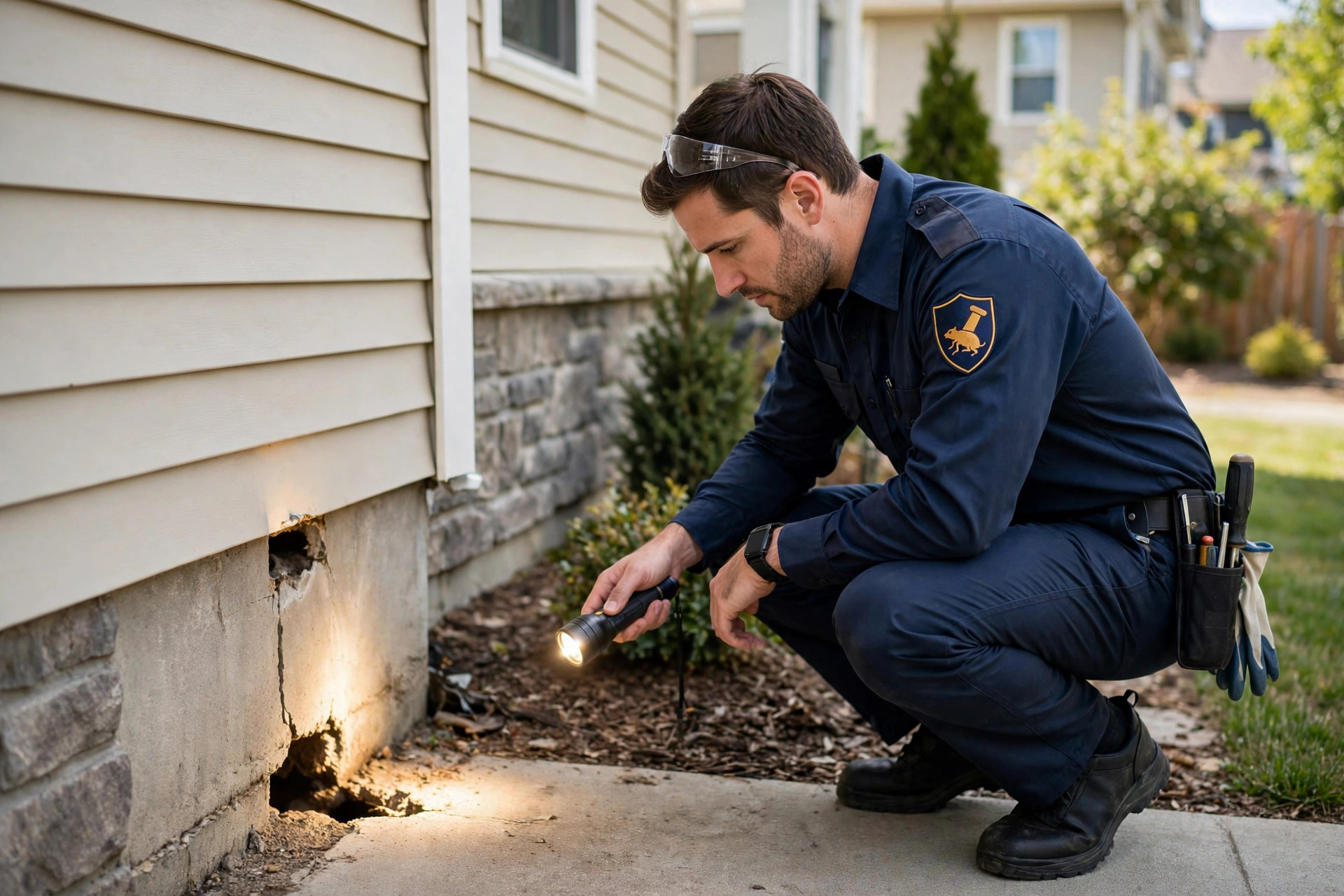 Pest control technician inspecting a Puyallup home for rodent entry points