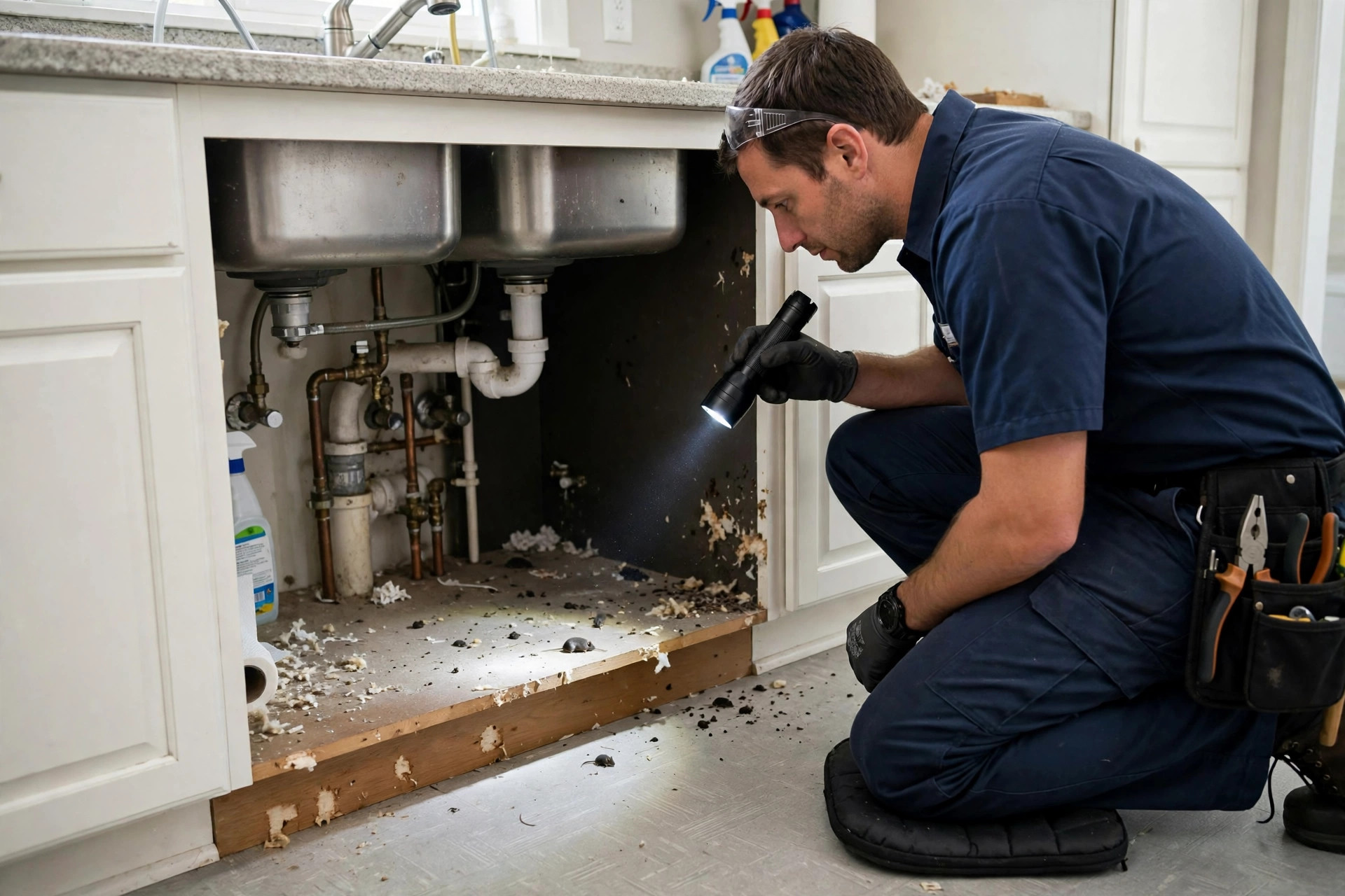 Technician inspecting under a kitchen sink for mouse signs