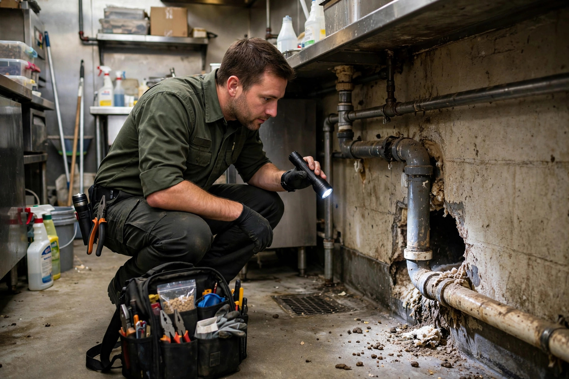 Commercial kitchen inspection for rodent entry points