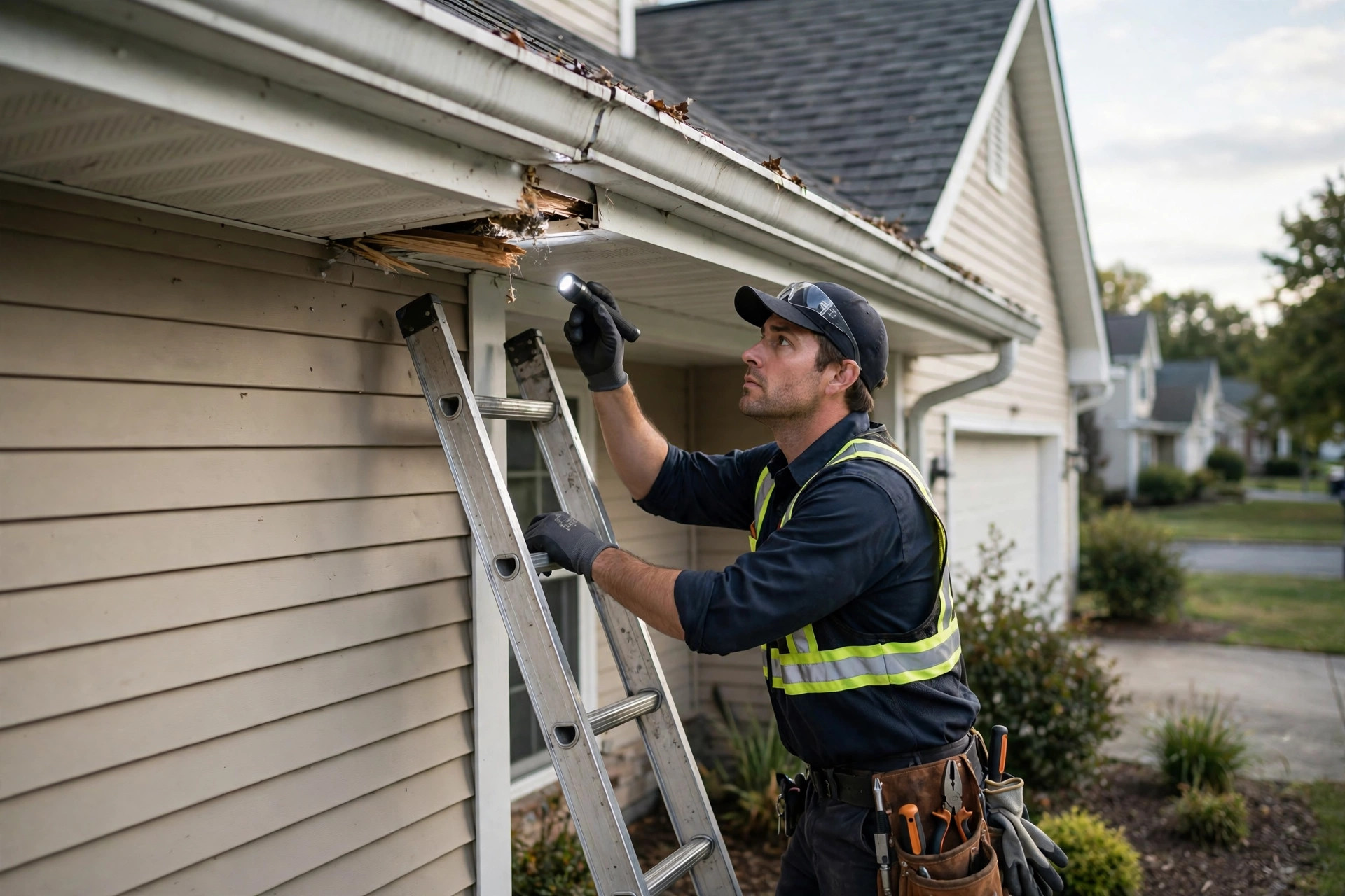 Technician on a ladder inspecting a roofline for entry points