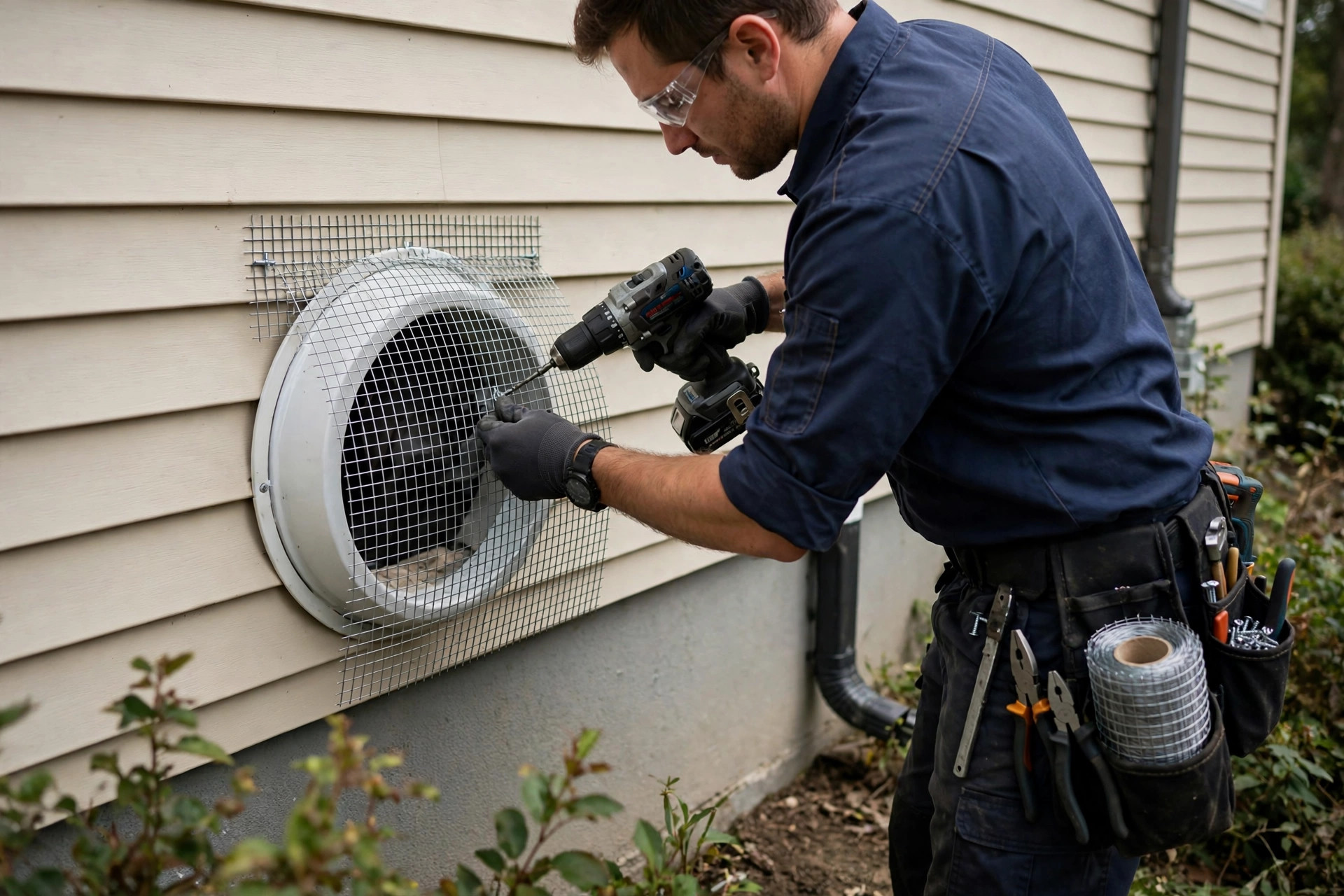 Securing steel mesh over a house vent against rats